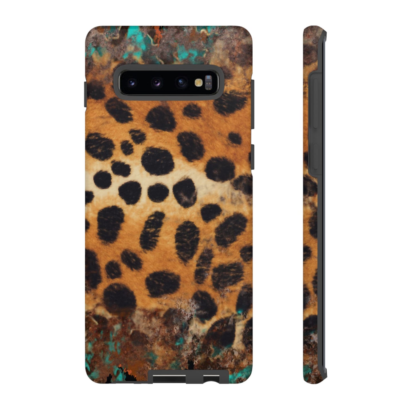 Rustic Leopard Print Tough Samsung Galaxy Case – Distressed Turquoise and Animal Pattern with Dual-Layer Protection