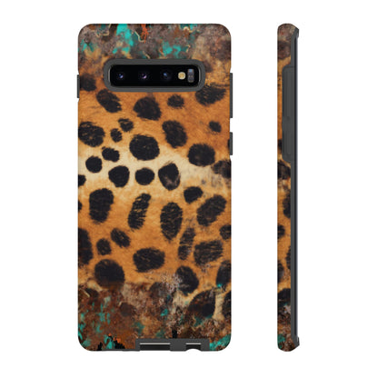 Rustic Leopard Print Tough Samsung Galaxy Case – Distressed Turquoise and Animal Pattern with Dual-Layer Protection