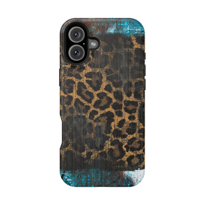 Boho Leopard and Turquoise Tough MagSafe iPhone Case – Rustic Western Design with Dual-Layer Protection