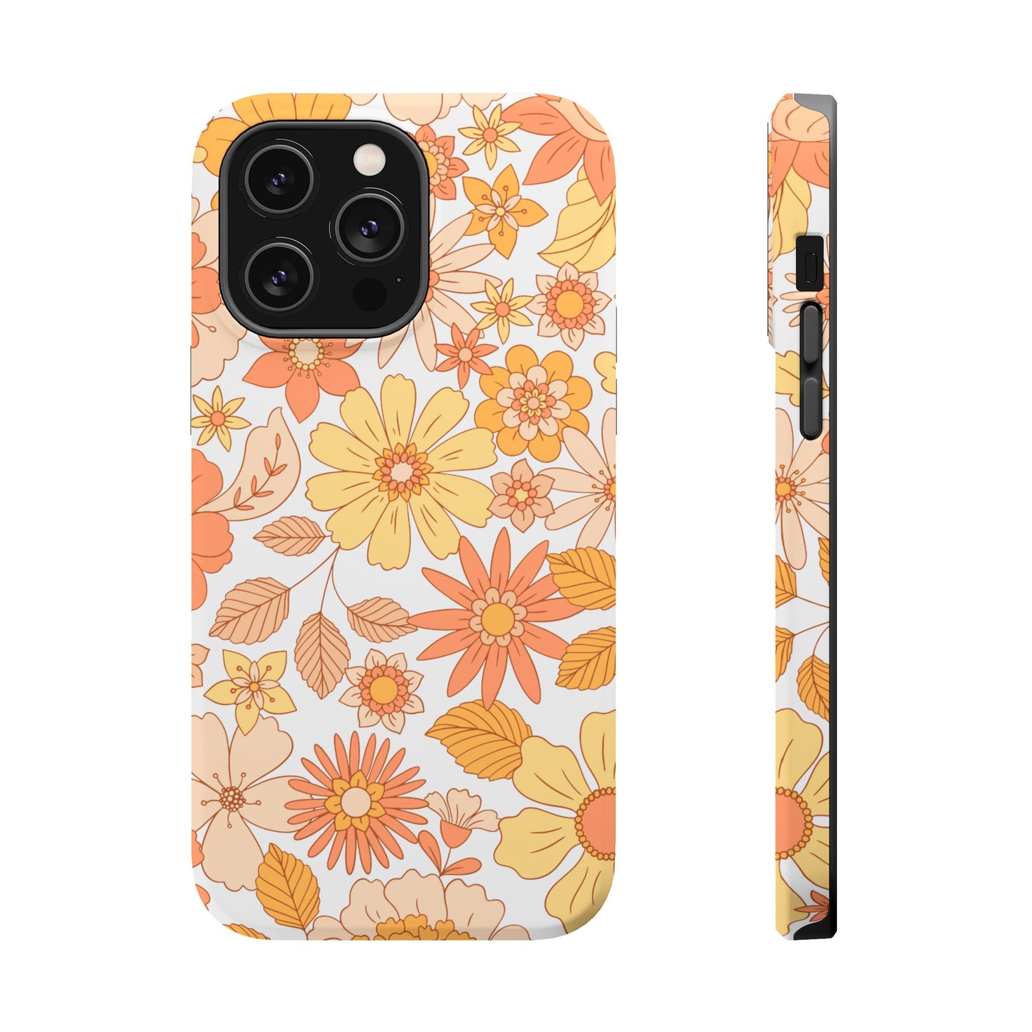 Vintage Floral Bloom MagSafe iPhone Case – Warm Orange & Yellow Retro Flower Design with Matte Finish