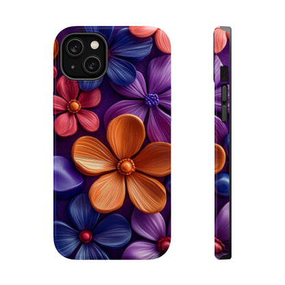 Bold Floral 3D MagSafe iPhone Case – Vivid Purple and Orange Flower Design, Shock-Resistant