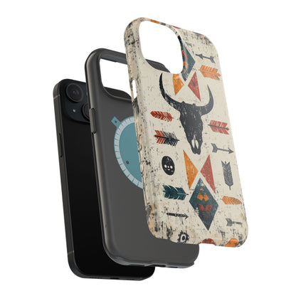 Tribal Bull Skull & Arrows Tough MagSafe iPhone Case – Rustic Western Design, Dual-Layer Protection