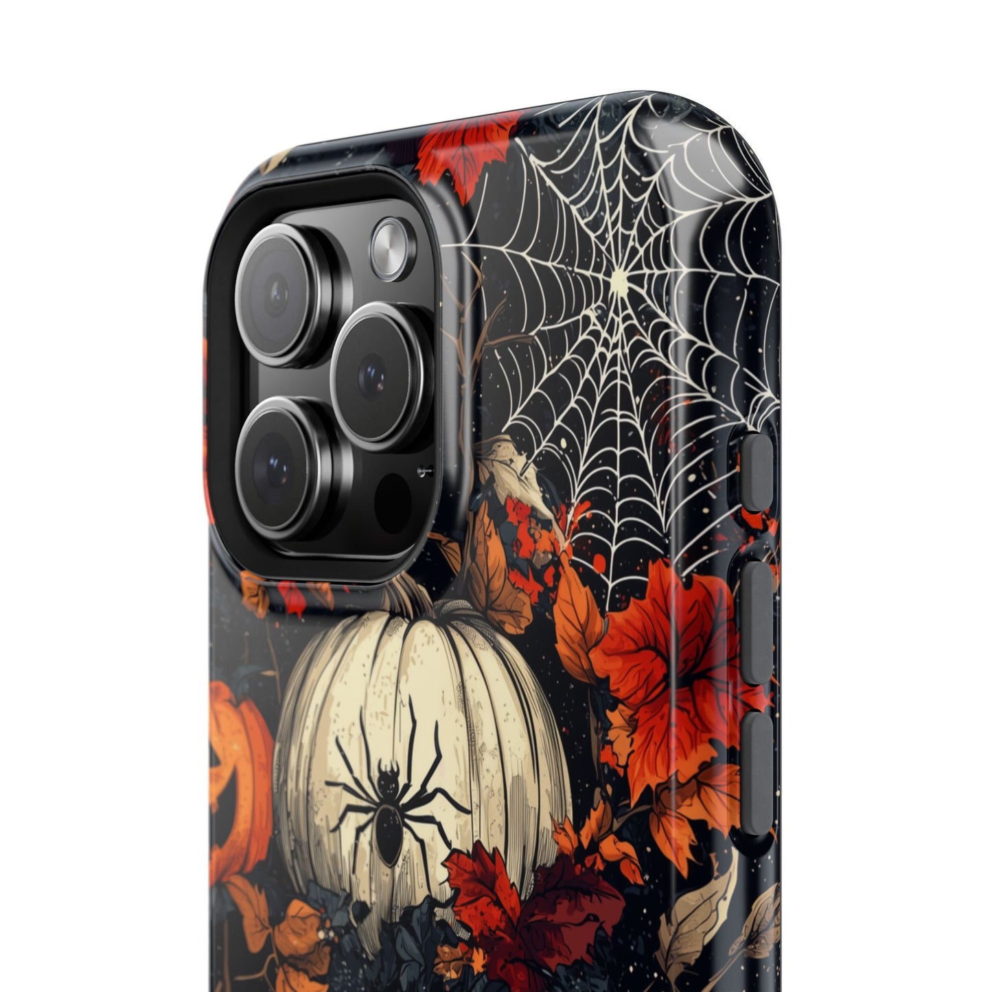 Hauntingly Elegant Halloween MagSafe iPhone Case – Pumpkins, Spiders, and Autumn Leaves Design