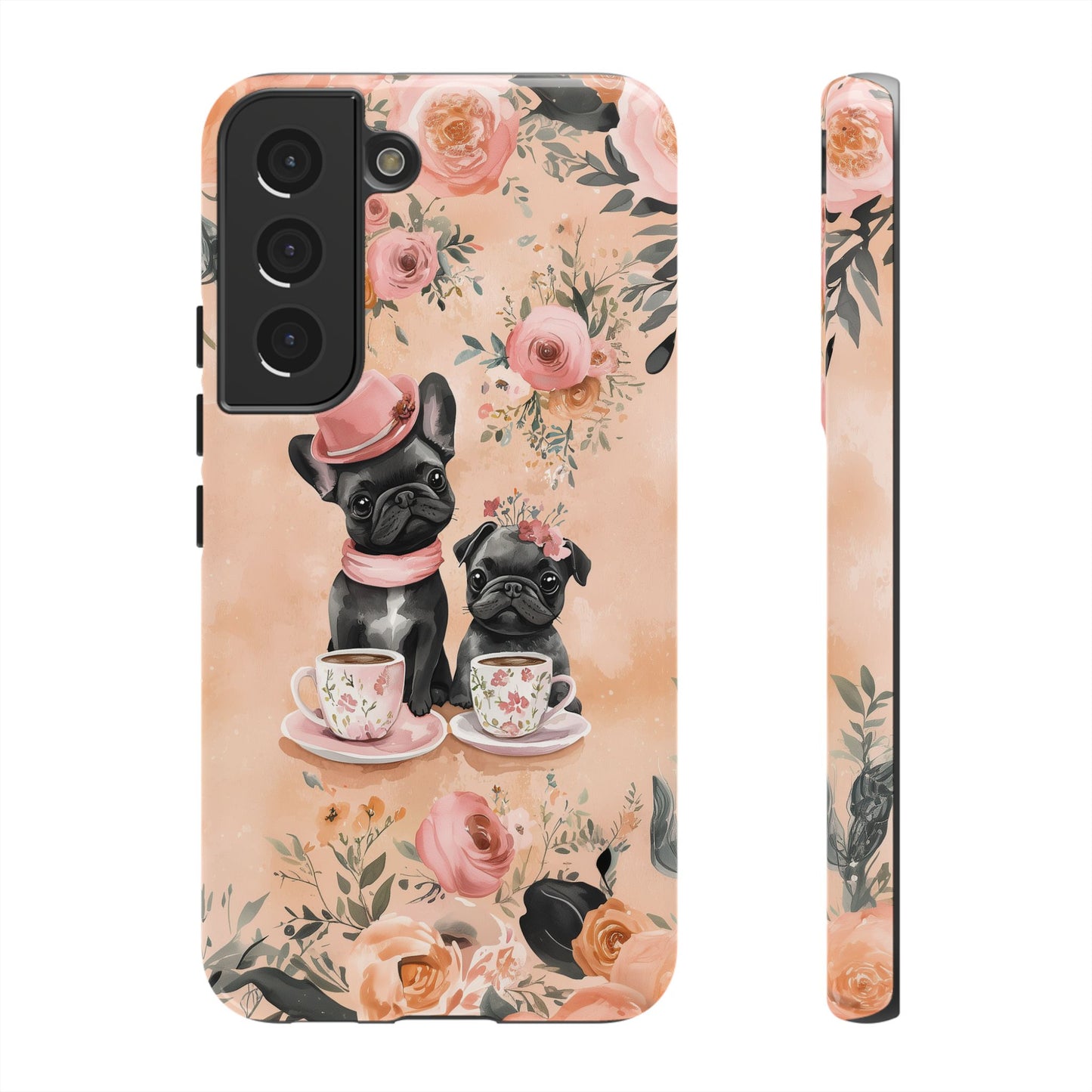 Floral French Bulldogs Samsung Galaxy Case – Elegant Dog Design with Tea Cups & Roses, Shockproof Protection