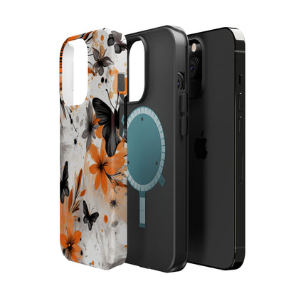 Orange Blossom & Black Butterfly MagSafe iPhone Case – Bold Floral Pattern with Modern Abstract Style