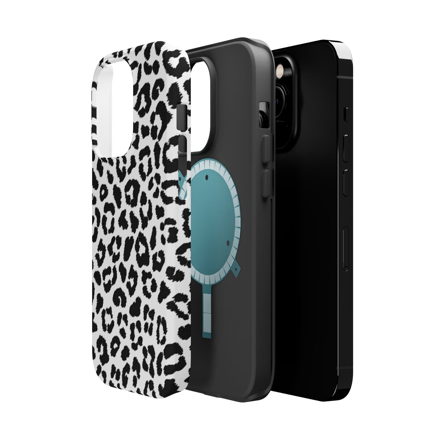 Monochrome Leopard Print Tough MagSafe iPhone Case – Classic Black and White Design with Dual-Layer Protection