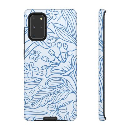 Dusty Blue Floral Line Art Tough Samsung Galaxy Case – Minimalist Botanical Design with Dual-Layer Protection