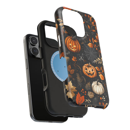 Elegant Halloween MagSafe iPhone Case – Pumpkin Jack-o'-Lanterns, Cobwebs & Autumn Foliage Design