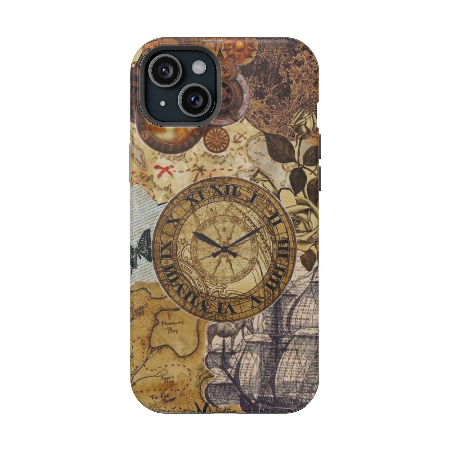 Steampunk Vintage Adventure MagSafe iPhone Case – Dual-Layer Protection with Antique Map and Clock Design