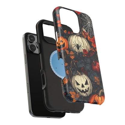 Hauntingly Elegant Halloween MagSafe iPhone Case – Pumpkins, Spiders, and Autumn Leaves Design