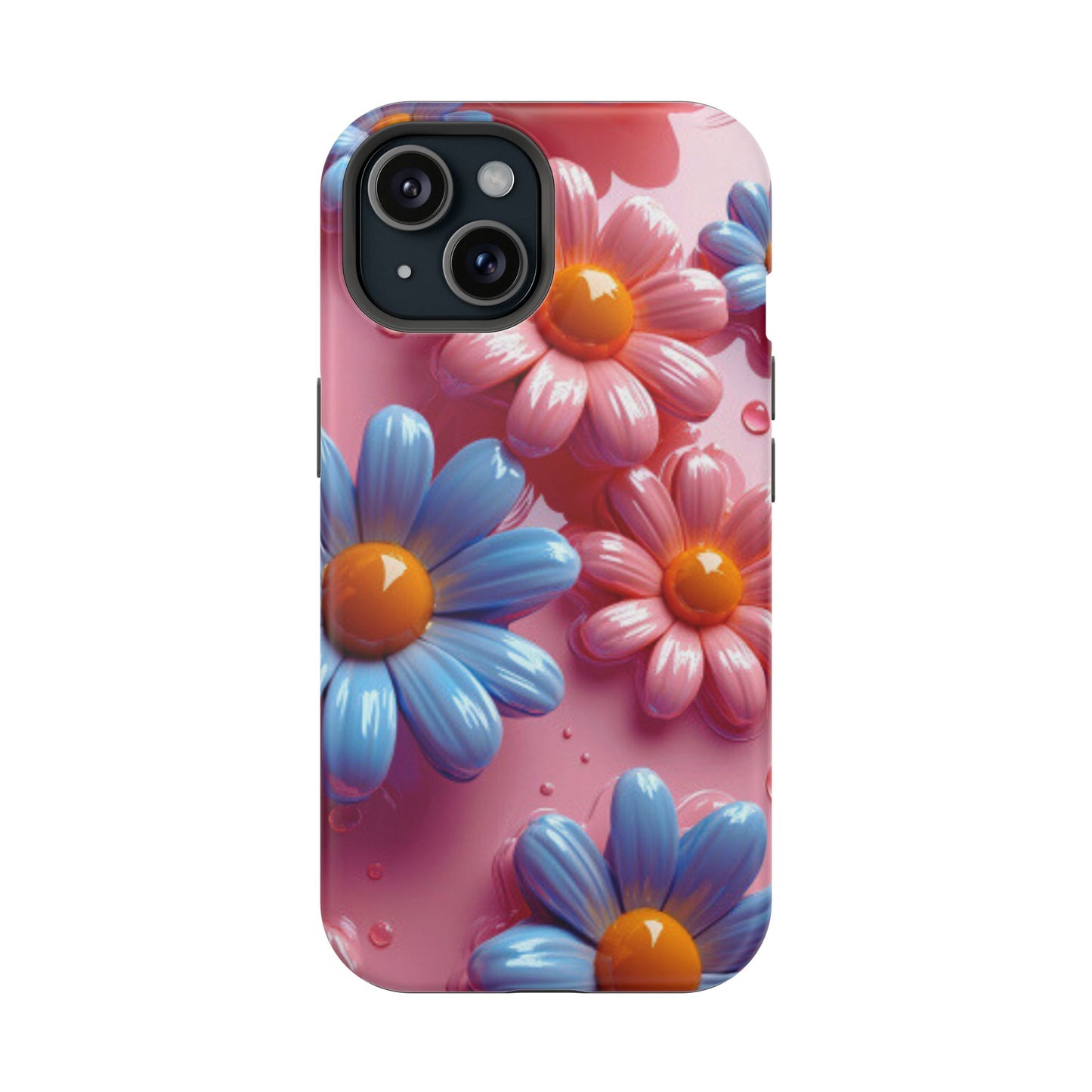 Pastel Daisy 3D MagSafe iPhone Case – Glossy Pink and Blue Floral Design, Full Protection