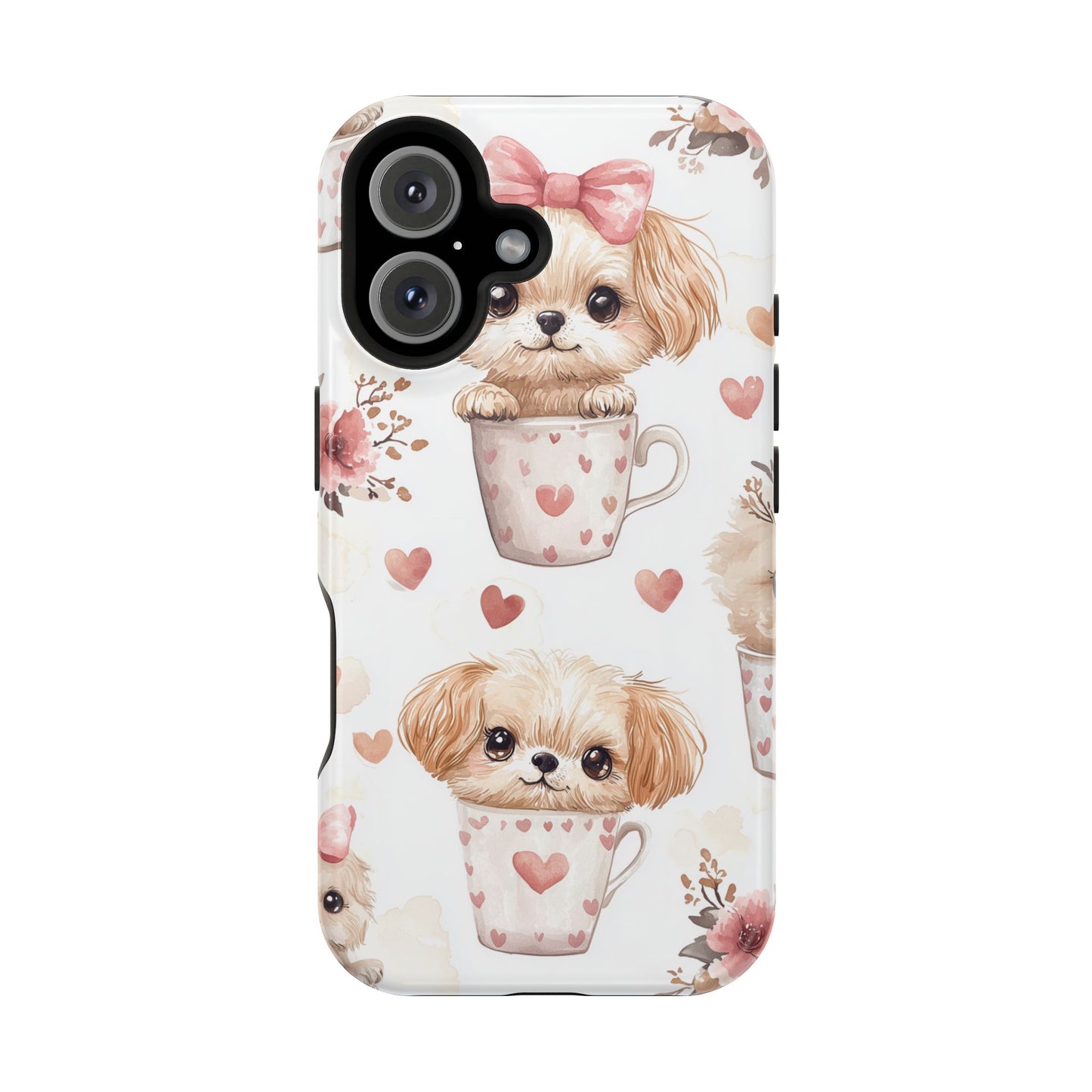 Cute Puppies in Heart MagSafe iPhone Case – Adorable Dog & Floral Design, Shockproof & Slim