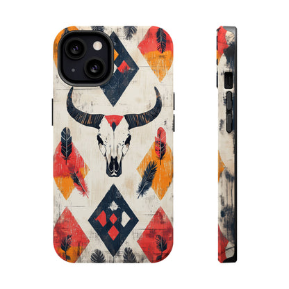 Western Bull Skull & Feathers Tough Mag Safe iPhone Case – Bold Tribal Design, Dual-Layer Protection