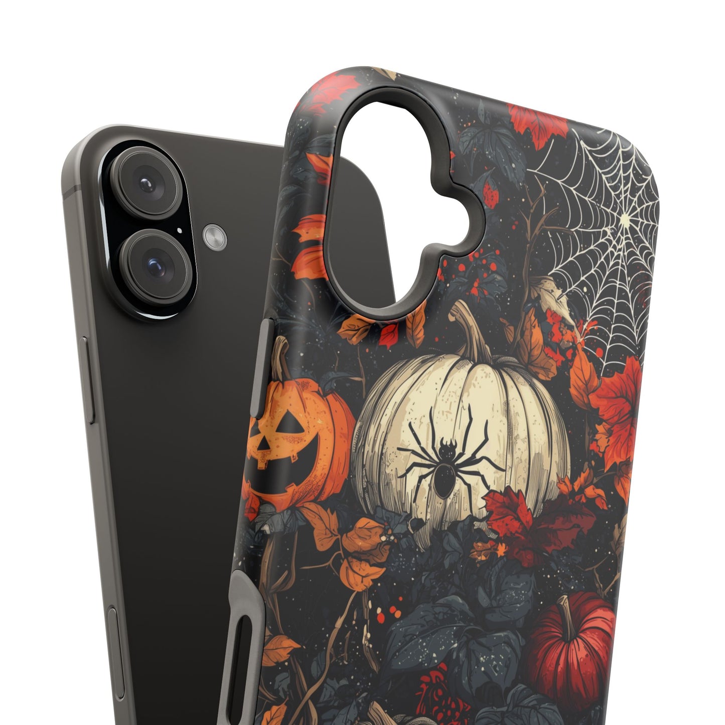 Hauntingly Elegant Halloween MagSafe iPhone Case – Pumpkins, Spiders, and Autumn Leaves Design