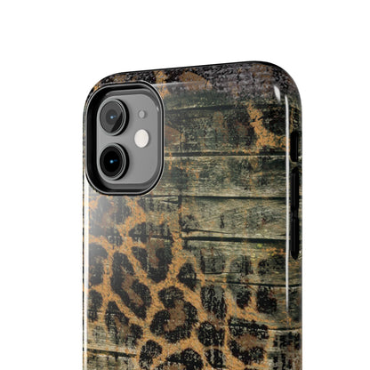 Rustic Wood and Leopard Print Tough iPhone Case – Distressed Western Design with Dual-Layer Protection