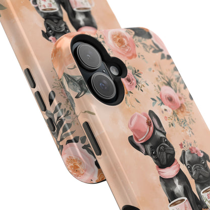 Floral French Bulldogs MagSafe iPhone Case – Elegant Dog Design with Tea Cups & Roses, Shockproof Protection