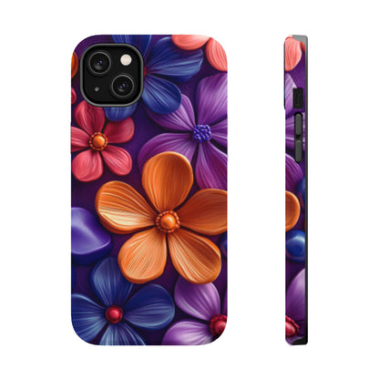 Bold Floral 3D MagSafe iPhone Case – Vivid Purple and Orange Flower Design, Shock-Resistant