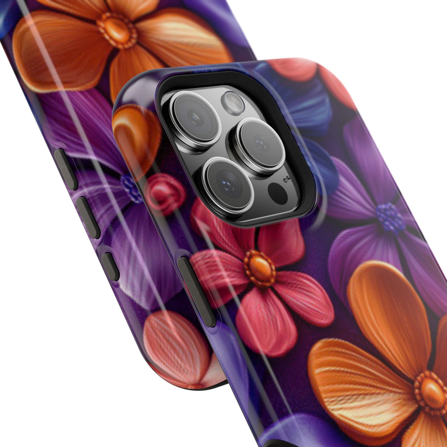 Bold Floral 3D MagSafe iPhone Case – Vivid Purple and Orange Flower Design, Shock-Resistant