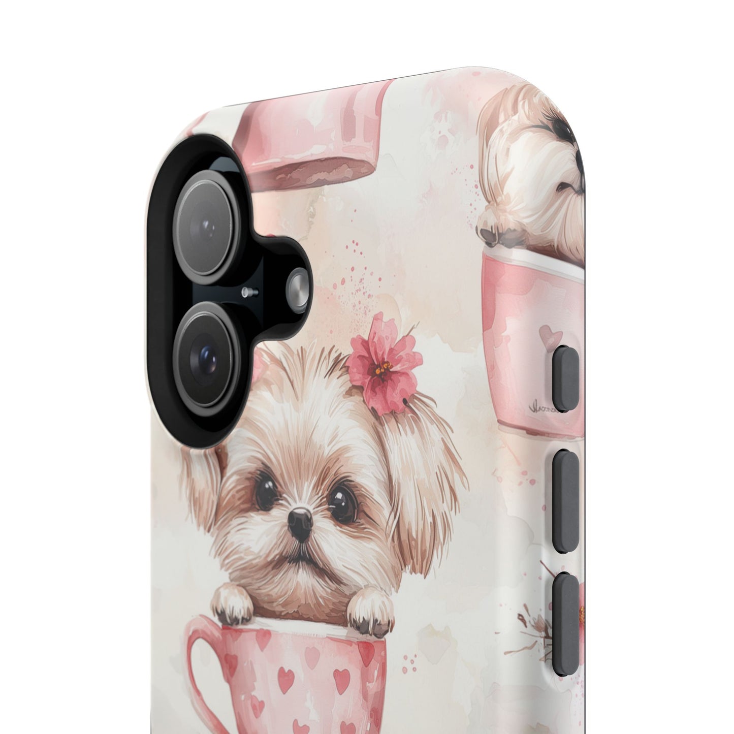 Floral Puppy in Teacup MagSafe iPhone Case – Cute Pink Flower Design, Tough Dual-Layer Protection