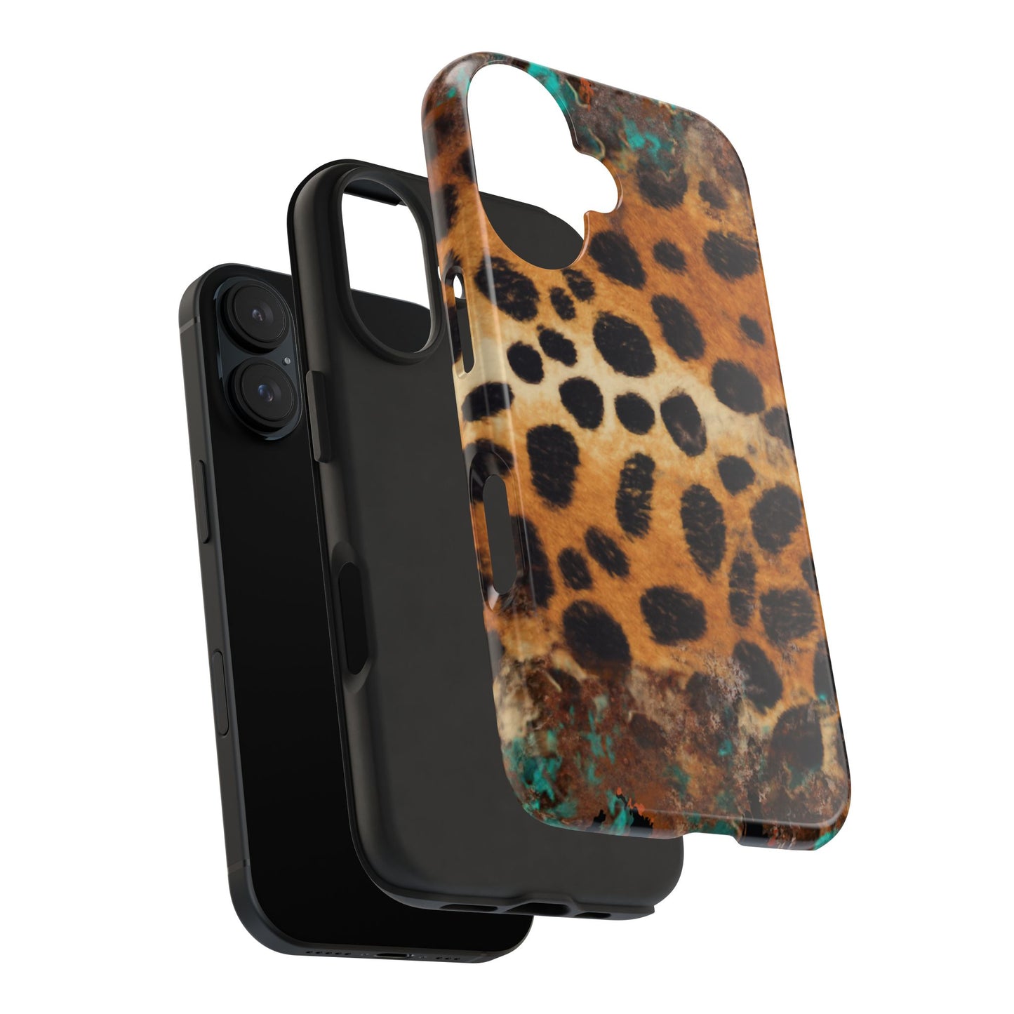 Rustic Leopard Print Tough iPhone Case – Distressed Turquoise and Animal Pattern with Dual-Layer Protection