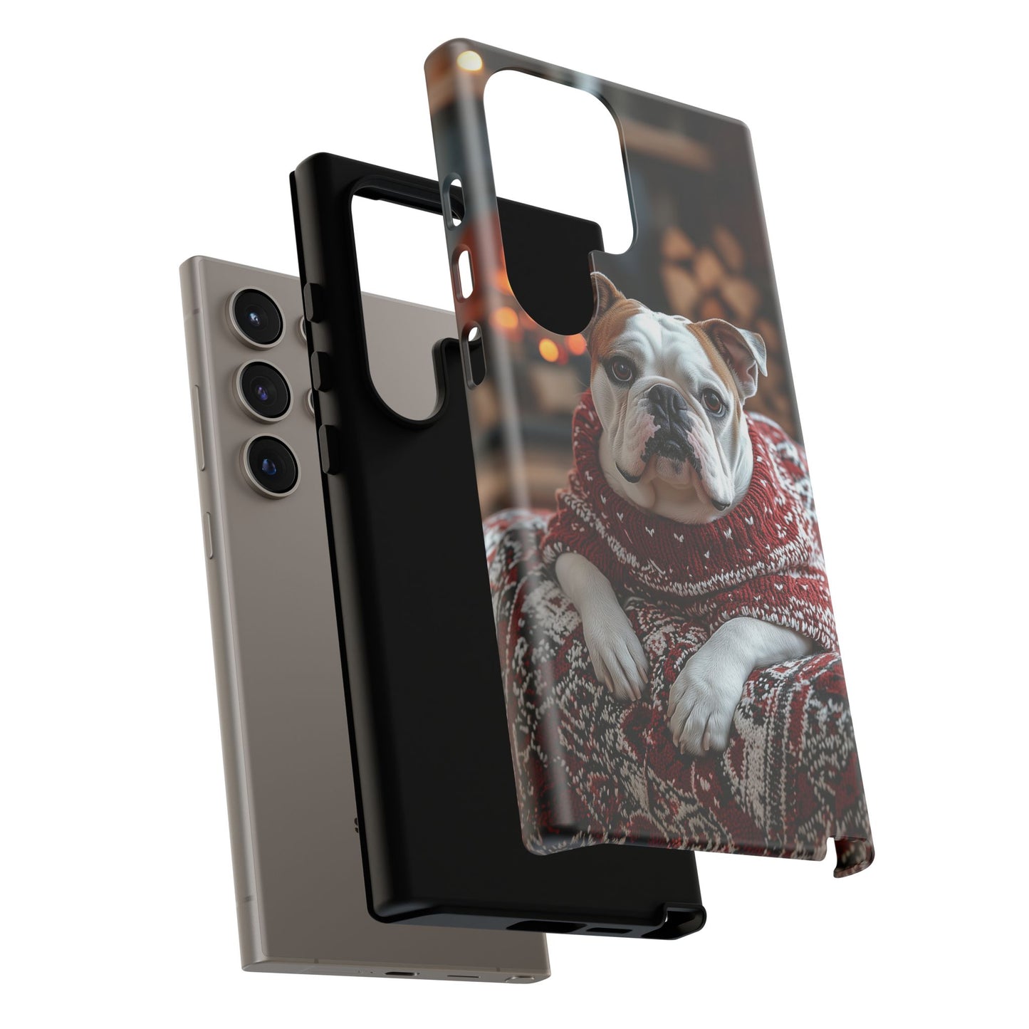 Cozy Bulldog in Sweater Samsung Galaxy Case – Festive Fireplace Protective Cove