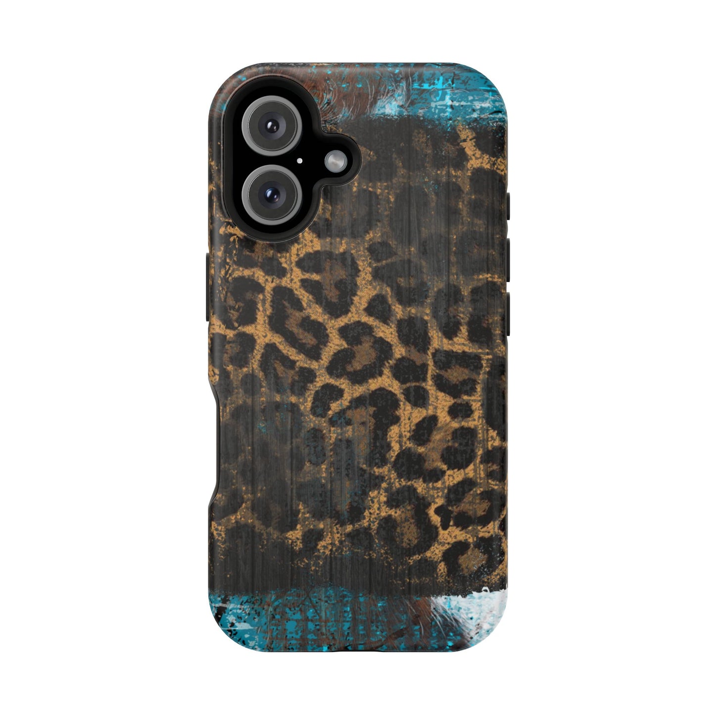 Boho Leopard and Turquoise Tough MagSafe iPhone Case – Rustic Western Design with Dual-Layer Protection