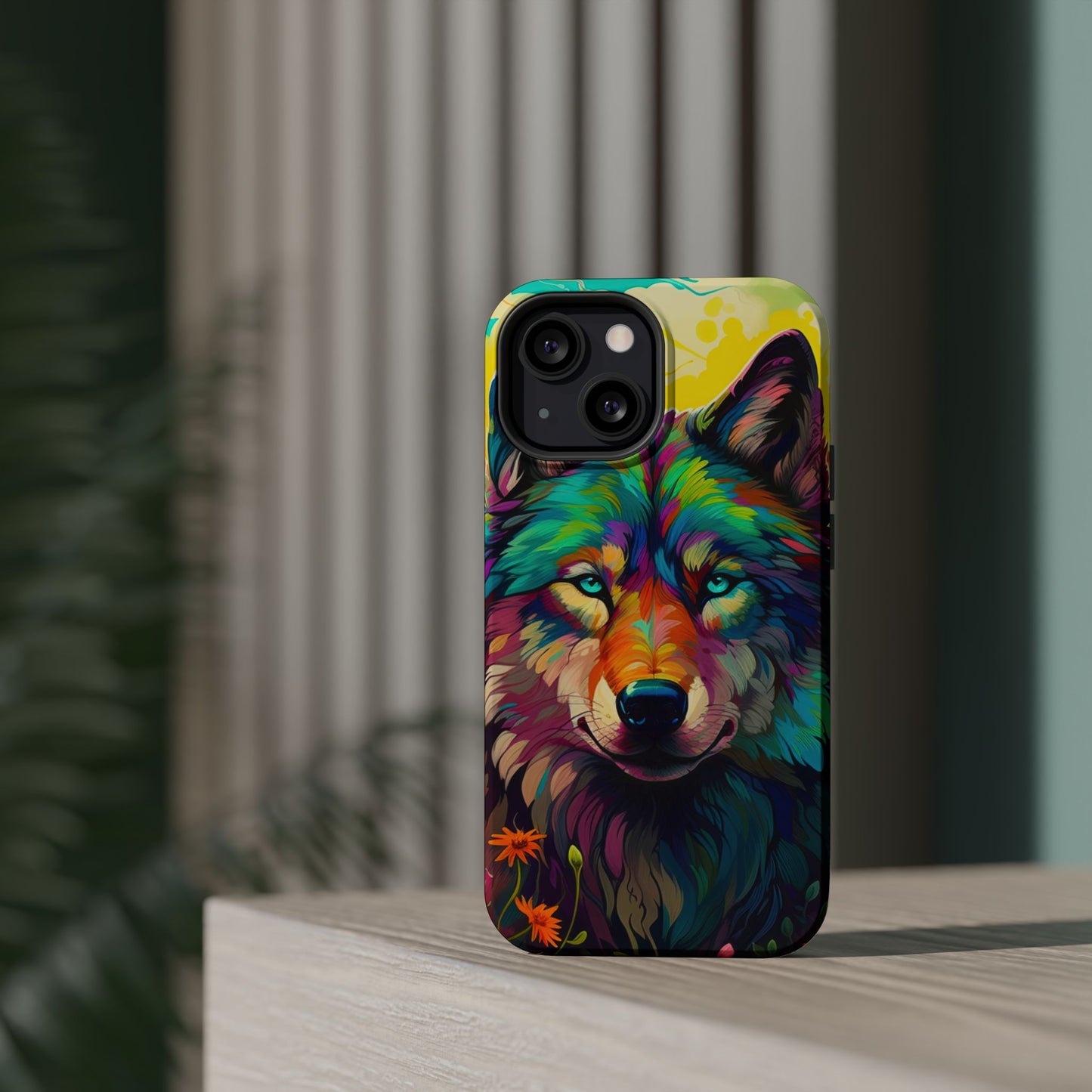 Rainbow Wolf in Bloom – MagSafe iPhone Case with Nature-Inspired Design