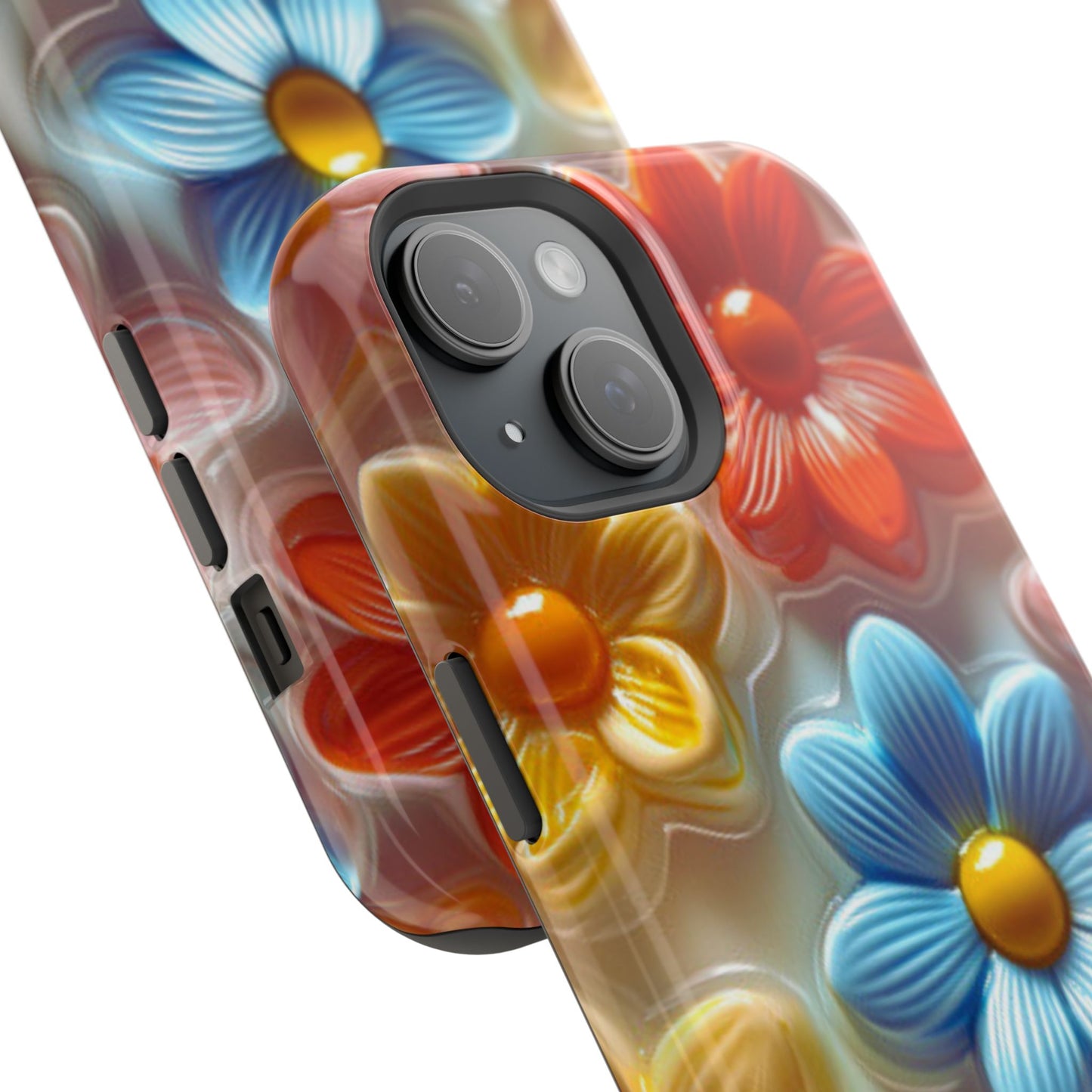 Glossy Retro Flower MagSafe iPhone Case – Colorful 3D Floral Design, Durable Protection