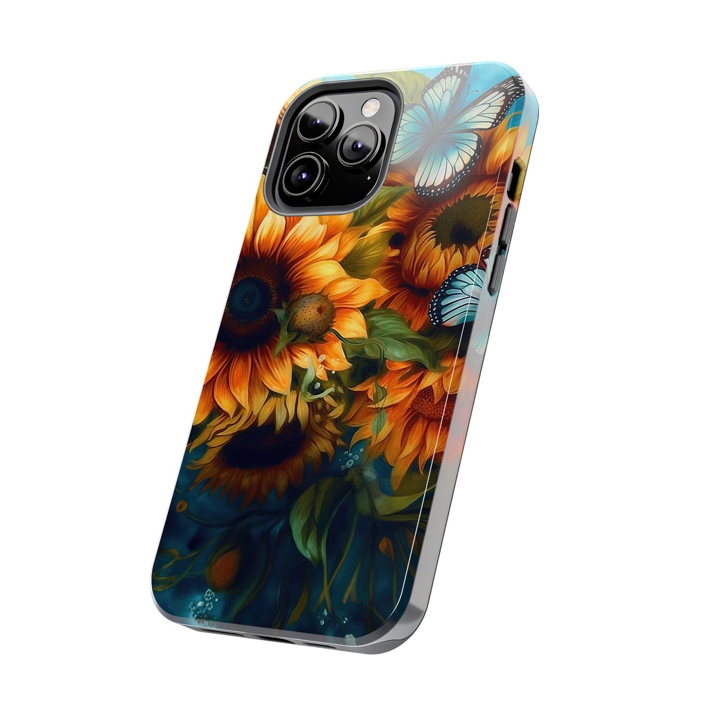 Aqua Blue Butterfly & Sunflower Art – iPhone Case