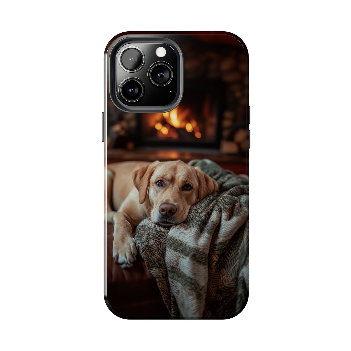 Cozy Labrador by Fireplace iPhone Case – Rustic Cabin Protective Cover