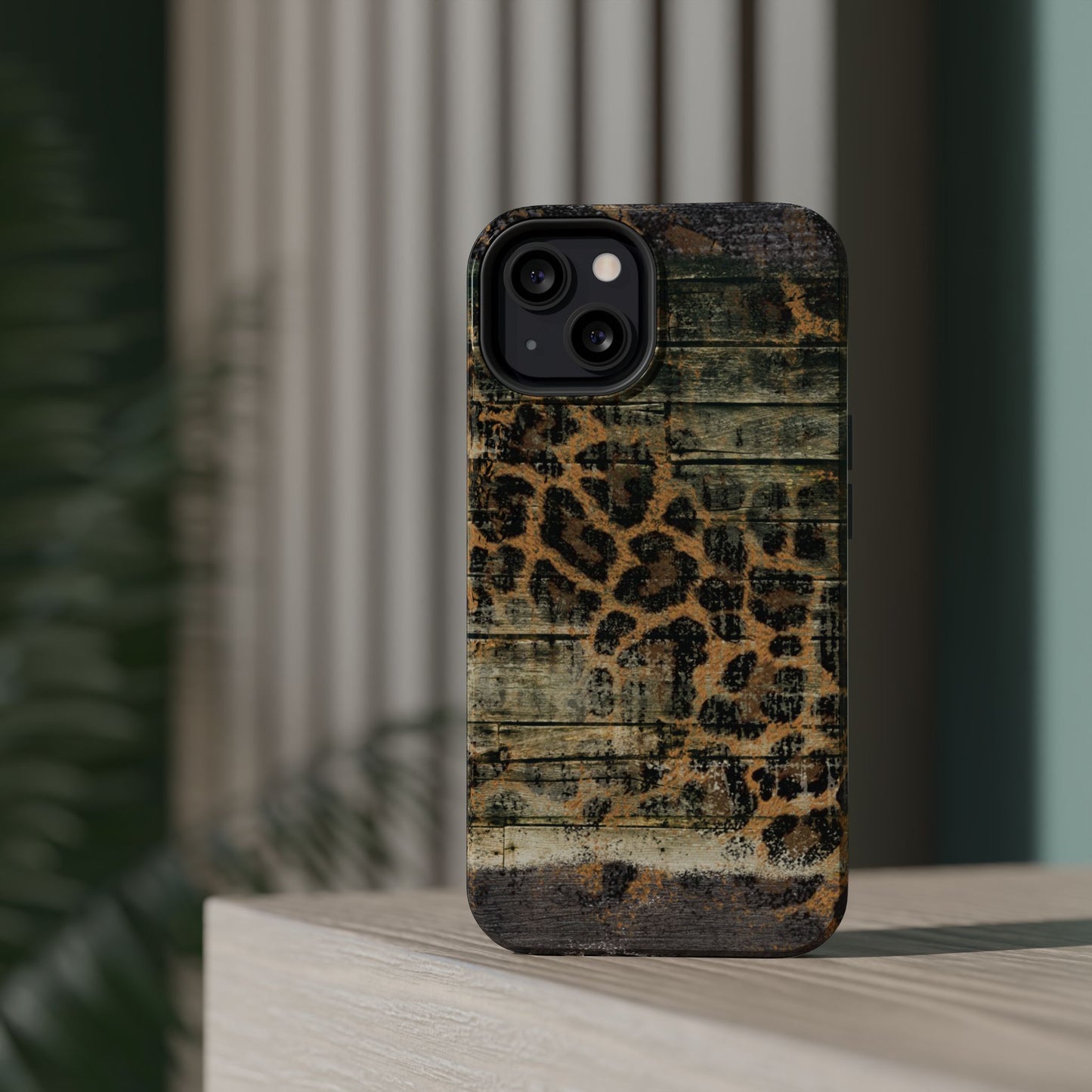 Rustic Wood and Leopard Print Tough MagSafe iPhone Case – Distressed Western Design with Dual-Layer Protection