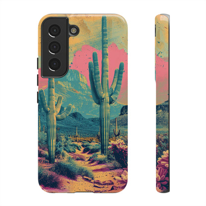 Desert Oasis Retro Cactus Phone Case - Vibrant Sunset Landscape for iPhone 15/14/13/12, Samsung S24/S23/S22/S21, & Google Pixel