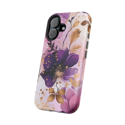 Elegant Purple & Gold Floral MagSafe iPhone Case - Luxe Flower Design