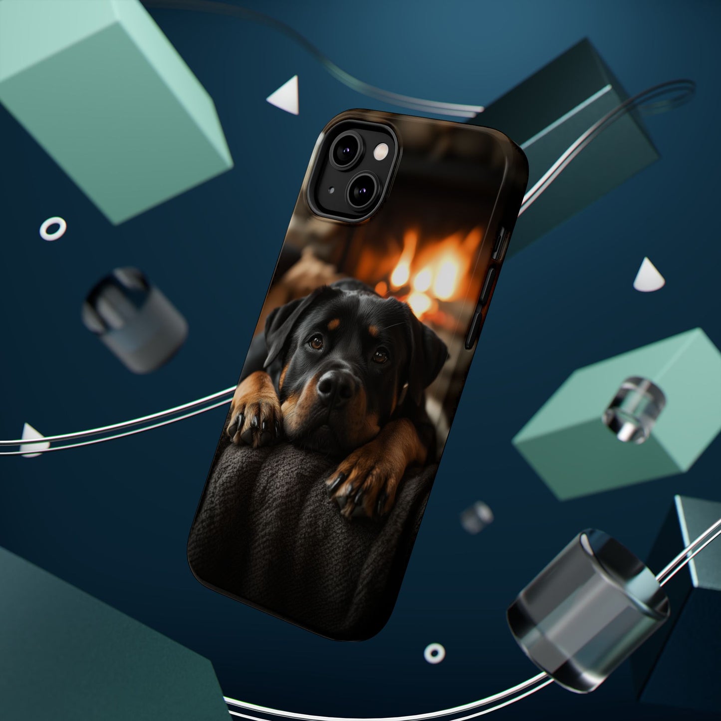 Cozy Rottweiler by the Fireplace MagSafe iPhone Case – Warm Rustic Design