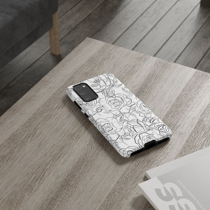 Monochrome Rose Garden Tough Samsung Galaxy Case – Elegant Floral Line Art with Dual-Layer Protection