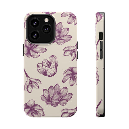 Vintage Botanical Floral Tough MagSafe iPhone Case – Hand-Drawn Purple Flowers, Shockproof Design