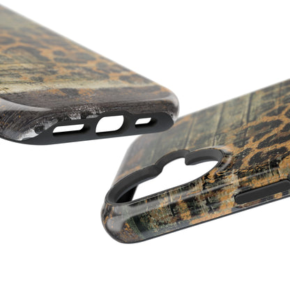 Rustic Wood and Leopard Print Tough MagSafe iPhone Case – Distressed Western Design with Dual-Layer Protection