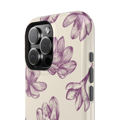 Vintage Botanical Floral Tough MagSafe iPhone Case – Hand-Drawn Purple Flowers, Shockproof Design