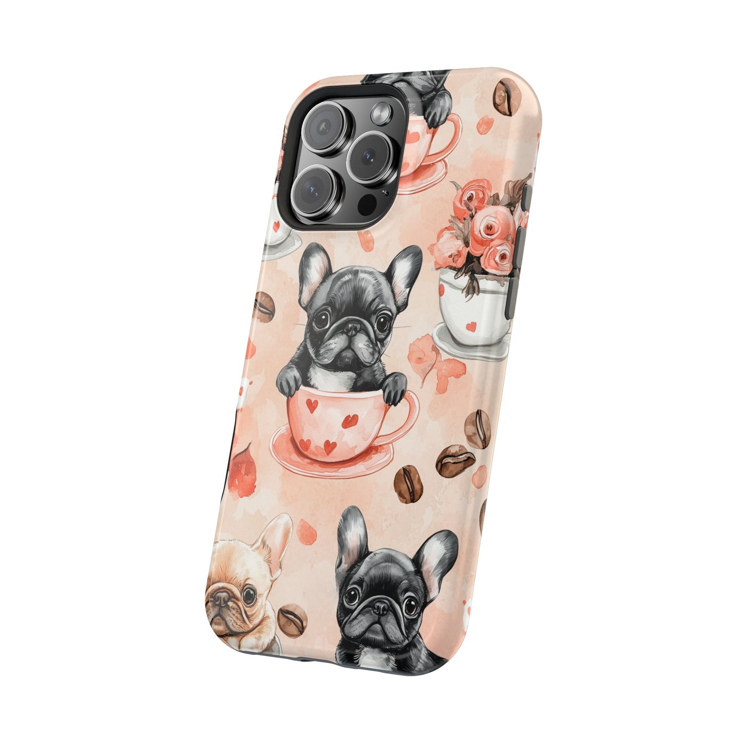 French Bulldogs in Heart Teacups MagSafe iPhone Case – Cute Dog & Floral Design, Shockproof Protection