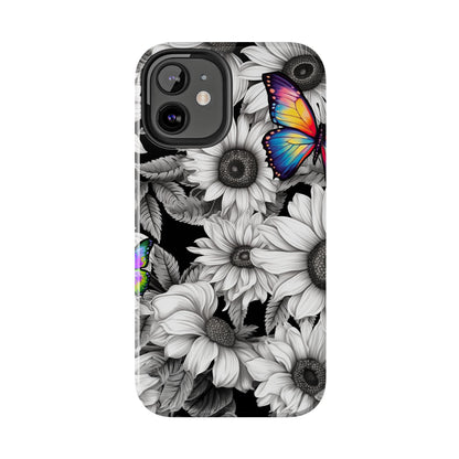 Rainbow Butterflies & Monochrome Sunflowers – iPhone Case