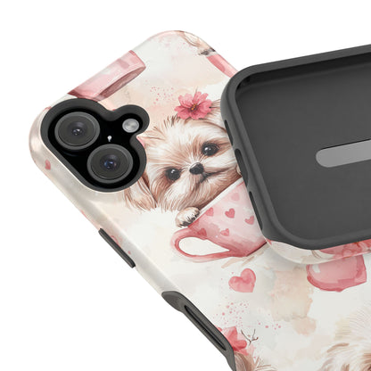 Floral Puppy in Teacup MagSafe iPhone Case – Cute Pink Flower Design, Tough Dual-Layer Protection