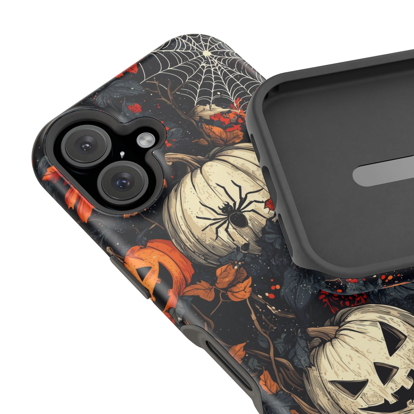 Hauntingly Elegant Halloween MagSafe iPhone Case – Pumpkins, Spiders, and Autumn Leaves Design