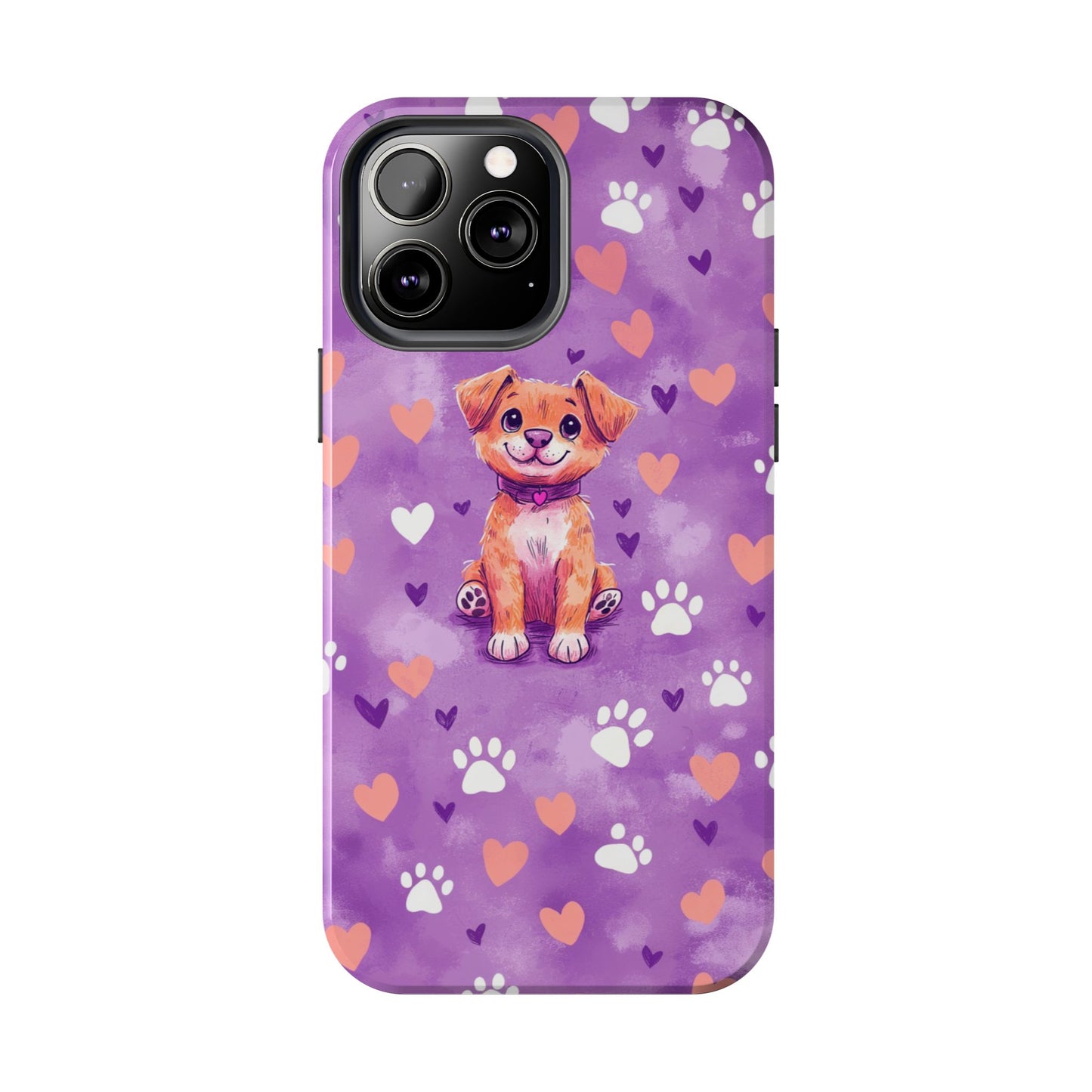 Cute Puppy iPhone Case - Adorable Pet Design with Hearts & Paw Prints, Protective Cover