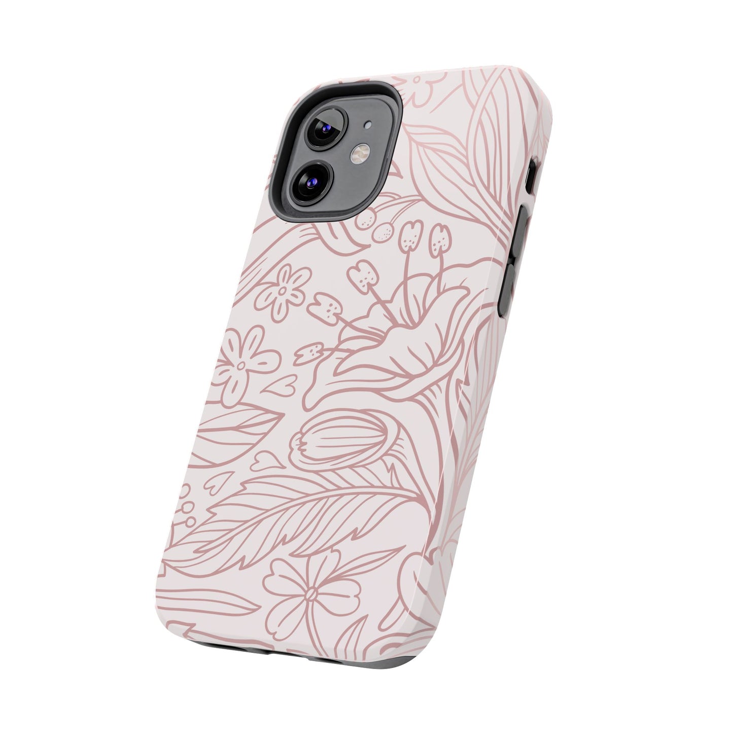 Blush Floral Line Art Tough iPhone Case – Delicate Minimalist Design with Dual-Layer Protection