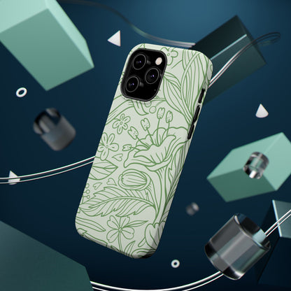 Sage Green Floral Line Art Tough MagSafe iPhone Case – Minimalist Botanical Design with Dual-Layer Protection