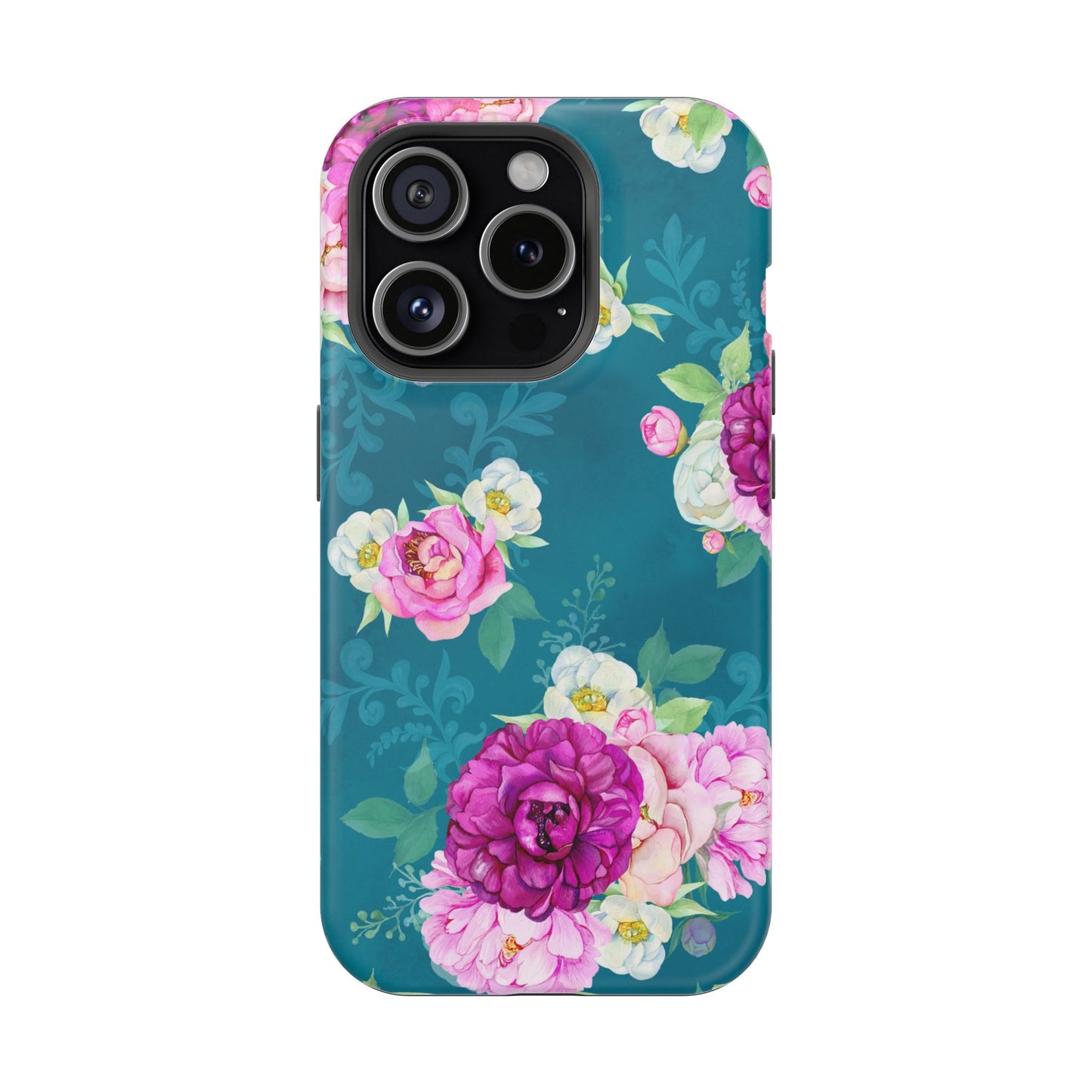 Elegant Peony Bouquet MagSafe iPhone Case – Deep Teal Background with Romantic Floral Design