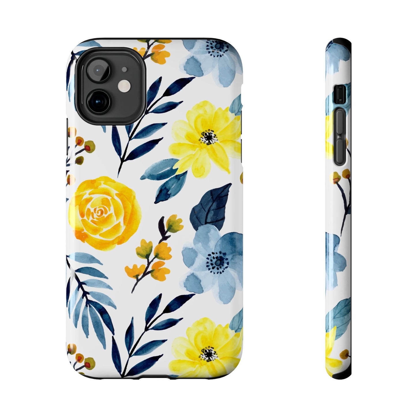 Golden Yellow & Sky Blue Floral – Watercolor Botanical iPhone Case