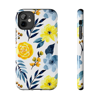 Golden Yellow & Sky Blue Floral – Watercolor Botanical iPhone Case