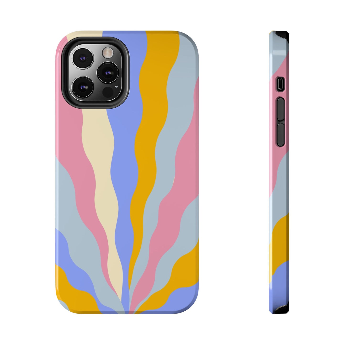 Pastel Radiance iPhone Case – 70s-Inspired Dual-Layer Design with Wavy Sunburst Pattern