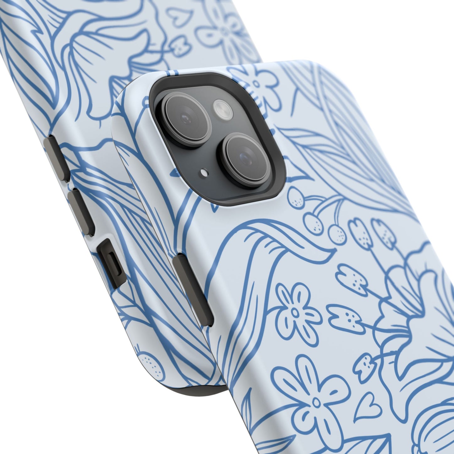 Dusty Blue Floral Line Art Tough MagSafe iPhone Case – Minimalist Botanical Design with Dual-Layer Protection